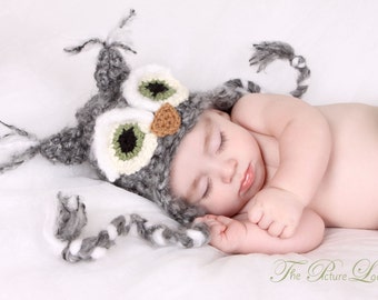 Newborn Owl Hat Fuzzy Gray Owl Baby Crochet Unique Photo Prop