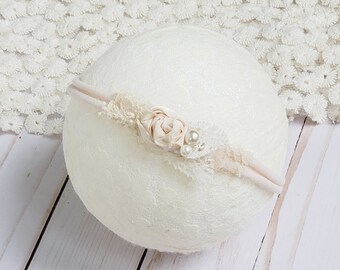 Newborn Tieback Headband, Neutral Cream Tieback, Newborn Photo Prop, Newborn Tie Back, Newborn Headband, Newborn Halo, Floral Crown, Lace