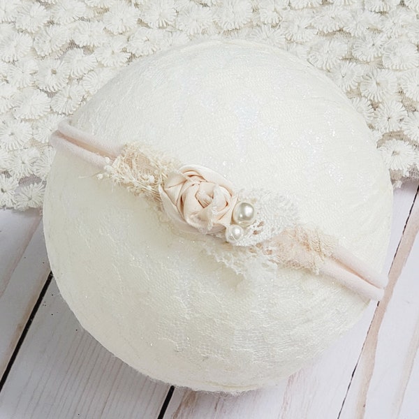 Newborn Tieback Headband, Neutral Cream Tieback, Newborn Photo Prop, Newborn Tie Back, Newborn Headband, Newborn Halo, Floral Crown, Lace