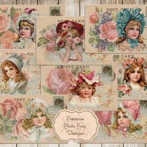 Junk-Zeitschrift druckbare, Vintage Kinder Postkarten für Zeitschriften, Digital bedruckbare Download für Scrapbook-Planer, viktorianischen Ephemera Mädchen
