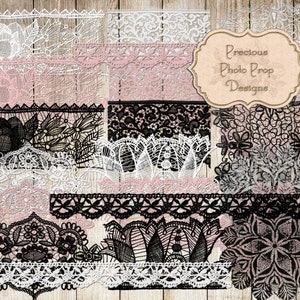 May include: A collection of black and white lace trims and patterns, perfect for crafting and DIY projects.  The image includes the text "Precious Photo Prop Designs".