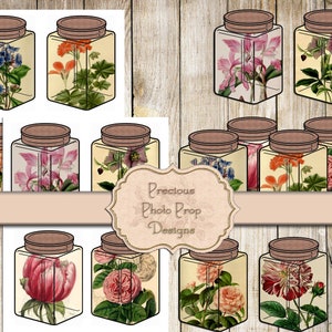 Mason Jars Ephemera Printable for Junk Journals, Digital Vintage Jars Scrapbook Planner Download, Botanical Jars Journal Cards Floral Roses