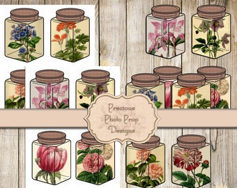 Mason Jars Ephemera Printable for Junk Journals, Digital Vintage Jars Scrapbook Planner Download, Botanical Jars Journal Cards Floral Roses