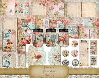 Paris Ephemera Kit Printable for Junk Journals, Vintage French Paper Journal Cards Tags Labels Digital Download for Scrapbook Planner