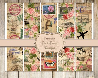 Vintage Printable Rip Strips for Junk Journals, Travel Stamps Floral Postage Border Washi Tape Digital Scrapbook Download, Antique Ephemera