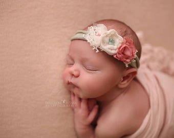 Sage Green Pink Flowers Tieback, Newborn Headband, Tieback Headband, Newborn Tieback, Floral Crown, Tie Back, Vintage Headband, Baby Halo