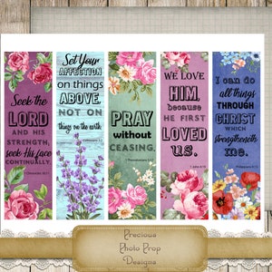 Bible Verses Scripture Bookmarks Printable, Faith Bookmarks Digital Printable, Bible Journaling Vintage Floral, Set of 5, Inspirational Art