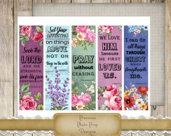 Bible Verses Scripture Bookmarks Printable, Faith Bookmarks Digital Printable, Bible Journaling Vintage Floral, Set of 5, Inspirational Art