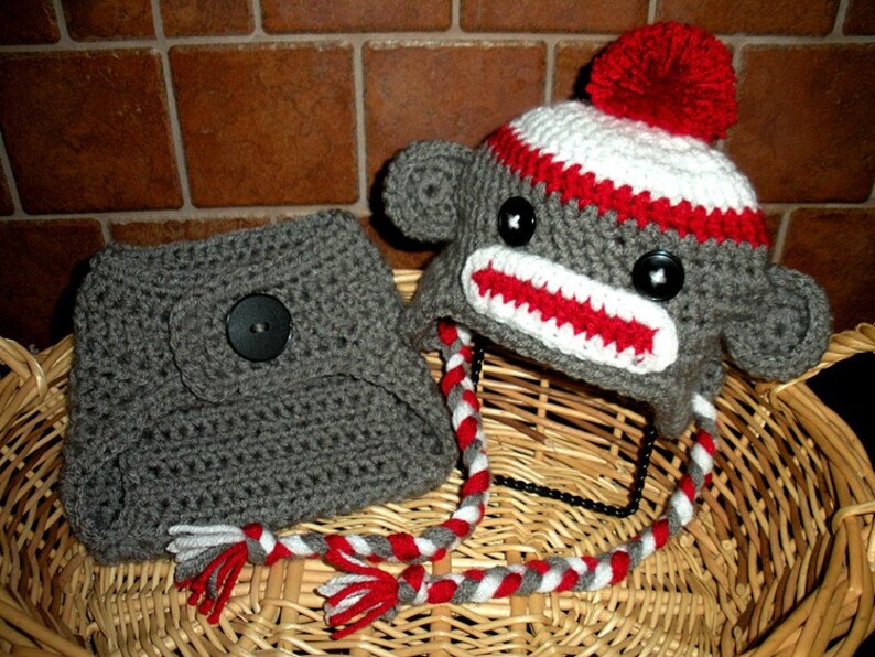 SET Sock Monkey Hat and Diaper Cover Baby Crochet Unique Photo Prop image 3