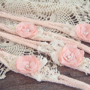 Newborn Headband Tieback, Rose Pink Flower Tieback, Vintage Lace Tieback, Newborn Halo, Organic Tieback, Baby Tieback, Newborn Photo Prop image 2