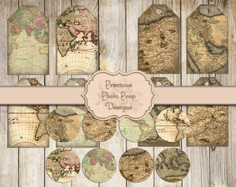 Printable Junk Journal Vintage Maps Tags and Labels, Digital Antique Maps Gift Tags, Journaling Cards for Journals Planners Scrapbook