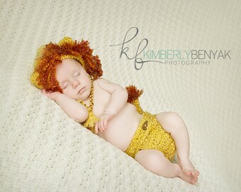 Newborn Photo Prop - Lion Hat and Diaper Cover  Set, Baby Lion Hat, Crochet Lion Hat, Infant Lion Hat, Lion Bonnet, Halloween Costume