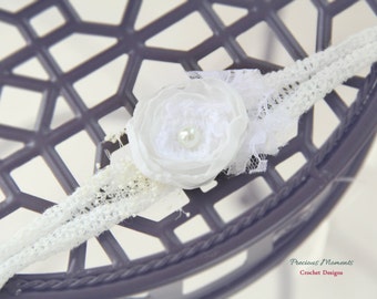 Newborn Tieback, White Flower Tieback, Newborn Tie Back Headband, Vintage Headband, Tie back, Newborn Photo Prop, Newborn Halo, Baptism