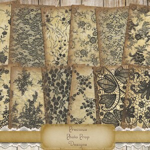 Vintage encaje tarjetas efemeras imprimibles para diarios basura, tarjetas de diario digital descargar para Scrapbook, hoja de collage imprimible, encaje negro