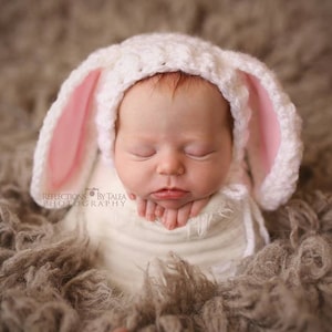 Baby Bunny Hat with Floppy Ears, Newborn Easter Bunny Hat, Baby Girl Bunny Hat, Pink Ears, White Bunny, Bunny Toy, Newborn Photo Prop image 1