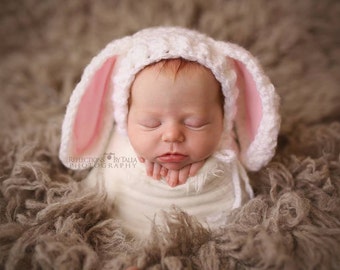 Baby Bunny Hat with Floppy Ears, Newborn Easter Bunny Hat, Baby Girl Bunny Hat, Pink Ears, White Bunny, Bunny Toy, Newborn Photo Prop