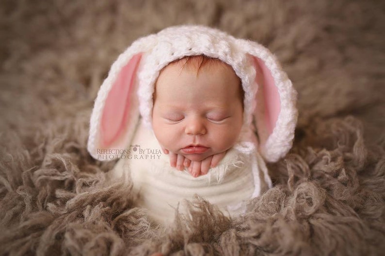 Baby Bunny Hat with Floppy Ears, Newborn Easter Bunny Hat, Baby Girl Bunny Hat, Pink Ears, White Bunny, Bunny Toy, Newborn Photo Prop image 1