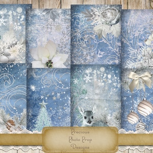 Blue Winter Christmas Digital Download for Junk Journal Planner Scrapbook, Digital Christmas Cards, Vintage Winter Printable, Snowflakes