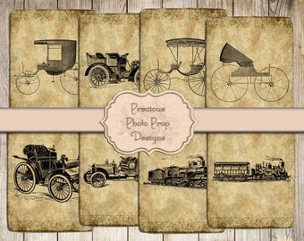 Junk Journals Vintage Ephemera Printable, Vintage Cars Cards Download for Scrapbook, Grungy Transportation Journal Cards Tags Pockets