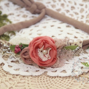 Fall Newborn Tieback Headband, Rose Beige Taupe Tieback, Flower Headband, Newborn Photo Prop, Floral Crown, Baby Headband, Girl Photo Prop image 3