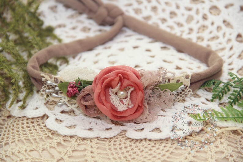 Fall Newborn Tieback Headband, Rose Beige Taupe Tieback, Flower Headband, Newborn Photo Prop, Floral Crown, Baby Headband, Girl Photo Prop image 3