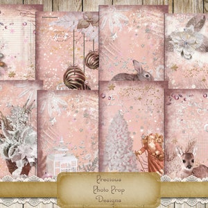 Pink Christmas Digital Download for Junk Journal Planner Scrapbook, Digital Christmas Cards, Vintage Winter Printable, Snowflakes