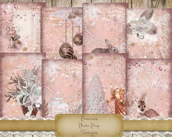 Rosa Weihnachten digitaler Download für Junk Journal Planer Scrapbook, digitale Weihnachtskarten, Vintage Winter bedruckbar, Schneeflocken