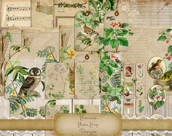 Botanical Nature Ephemera Kit Printable for Junk Journals, Vintage Cards Tags Labels Tickets Digital Download for Scrapbook Planner, Birds