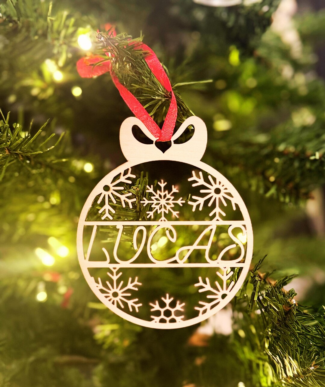 Laser Cut Name Ornament With Bow | Personalized Wooden Christmas ...