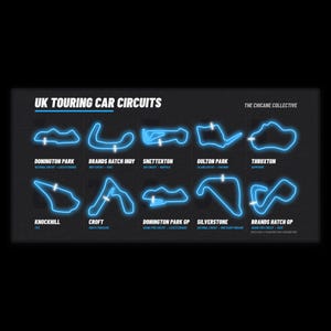 May include: A black poster titled UK TOURING CAR CIRCUITS featuring ten neon blue glowing outlines of race tracks including Donington Park, Brands Hatch Indy, Snetterton, Oulton Park, Thruxton, Knockhill, Croft, Donington Park GP, Silverstone, and Brands Hatch GP.