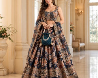 Floral Print Lehenga Choli Set, Indian Wedding Bridal Wear Complete Dress with Beaded Potli Bag, Organza & Sequins Embroidery