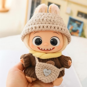 Labubu Monster Doll Plush Designer Clothes 3Pcs Set Outfit for Toy Girl Handcrafted Crochet La Bubu Dress with Hat & Other Accessories