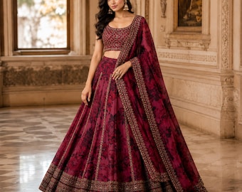 Designer Embroidered Lehenga Choli with Dupatta, Indian Wedding Reception Wear Dress for Women with Beaded Potli Bag