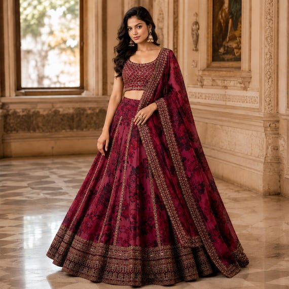 Designer Embroidered Lehenga Choli with Dupatta, Indian Wedding Reception Wear Dress for Women with Beaded Potli Bag