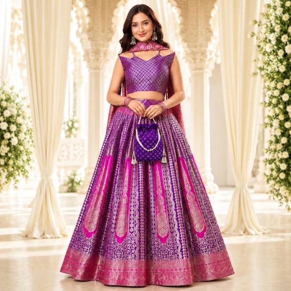 Jacquard Bridal Lehenga Choli Set, Indian Wedding Reception Mehendi Wear Dress for Women With Beaded Potli Bag