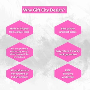 May include: A graphic with the text "Why Gift City Design?" and several pink hexagonal shapes. The shapes contain text such as "Made & Shipped from Jaipur, India" and "Best quality and best prices."