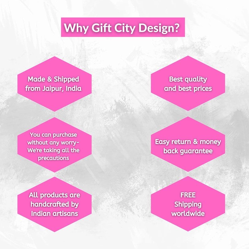 May include: A graphic with the text "Why Gift City Design?" and several pink hexagonal shapes. The shapes contain text such as "Made & Shipped from Jaipur, India" and "Best quality and best prices."