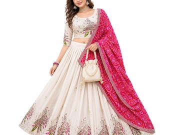 White Bridal Lehenga Choli Dupatta for Wedding, Peacock Theme Indian Dress for Women with Beaded Potli Bag Embroidered Work Georgette