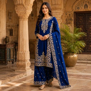 royal blue silk dress pakistani Pakistani Royal Blue Handcrafted Silk Ensemble With Bow Neckline & Farshi  Shalwar