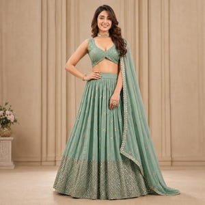 Bridal Lehenga Choli Indian Wedding Dress for Women with Matching Velvet Beaded Potli Bag Sequine Embroidered Work Georgette