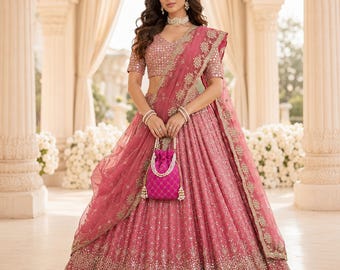 Zari Embroidered Peach Lehenga Choli Ready To Wear Bridal Wedding Indian Outfit Complete Dress for Women