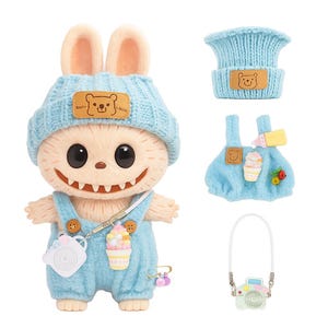 17 cm Lalka Labubu Monster Doll Clothes Szydełkowy Dzianinowy Strój, Zestaw 3 Sztuk Do Pluszowych Zabawek Akcesoria Zawiera Kapelusz Tkaninę, Miniaturowy Aparat, Butelkę Mleka