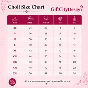 May include: A Choli size chart with measurements in inches. The chart includes sizes XS to 5XL, with corresponding chest, waist, US, and UK sizes. The GiftCityDesign logo is in the upper right corner.