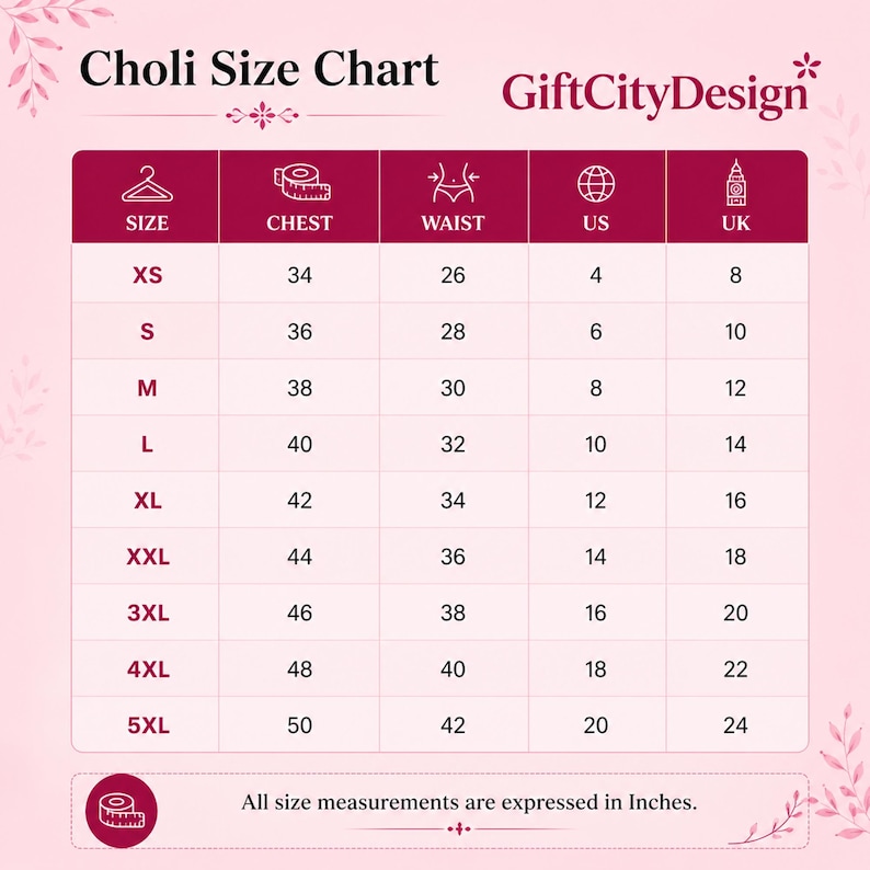 May include: A Choli size chart with measurements in inches. The chart includes sizes XS to 5XL, with corresponding chest, waist, US, and UK sizes. The GiftCityDesign logo is in the upper right corner.