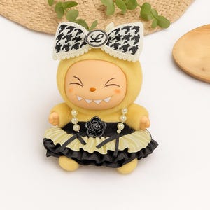 Beautiful Labubu Doll Clothes 2 Pcs Designer Outfits Set with Black Bow Headband and Pearl Chain Dress, Kawaii Dress up for 15-17cm Dolls