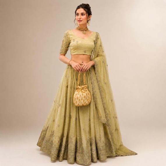 Silk Embroidered Lehenga Choli Set, Ready To Wear Bridesmaid Indian Wedding Wear Complete Dress for Women with Beaded Potli Bag