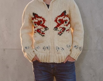 Wolf Cardigan Knit Sweater – Hand Knit Wool Zip Up Sweater, Canadian Style Animal Pattern Cardigan, Unisex Winter Gift