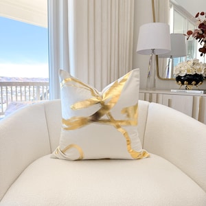 White and Gold Foil Wavy Velvet Throw Pillow Cover, 22&quot; Luxury Throw Pillow Cover