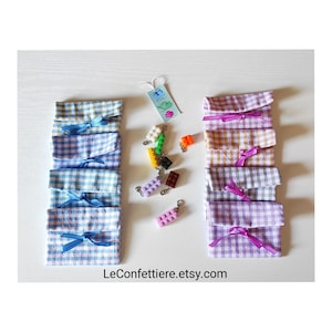 Kit para embalar 40 lembrancinhas DIY: saquinhos de algodão em formato de sachê + pingente "Lego" + cartão (sem confete)