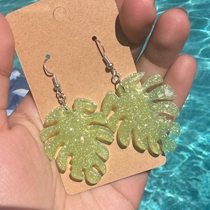 Glitter Monstera Leaf Earrings – Lime Green Resin Tropical Dangles – Handmade Summer Statement Jewelry